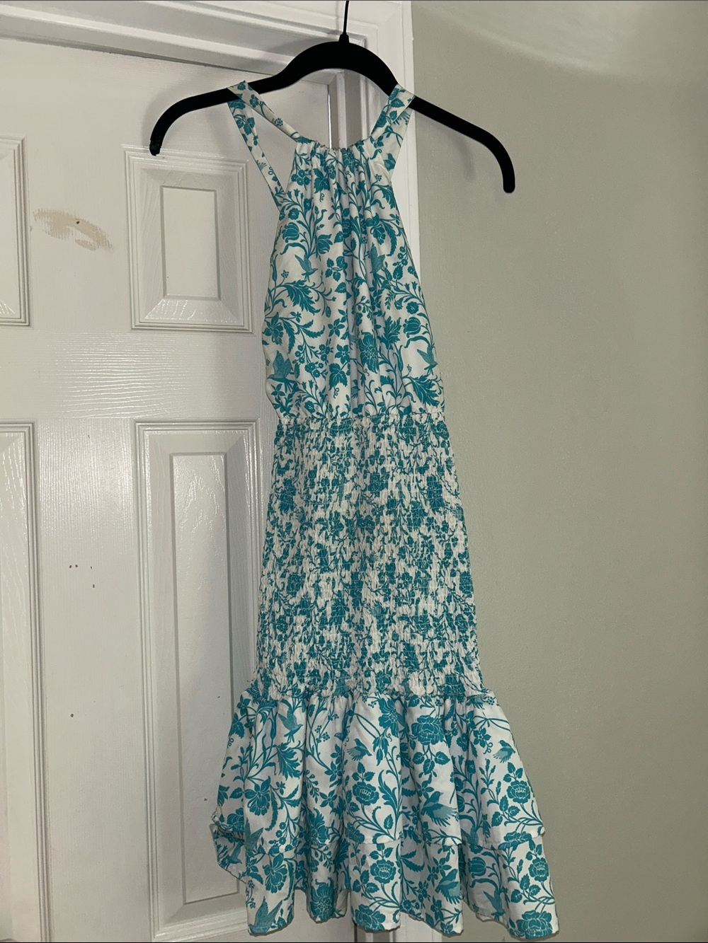 SHEIN Teal Floral Halter Smocked Midi Dress on White